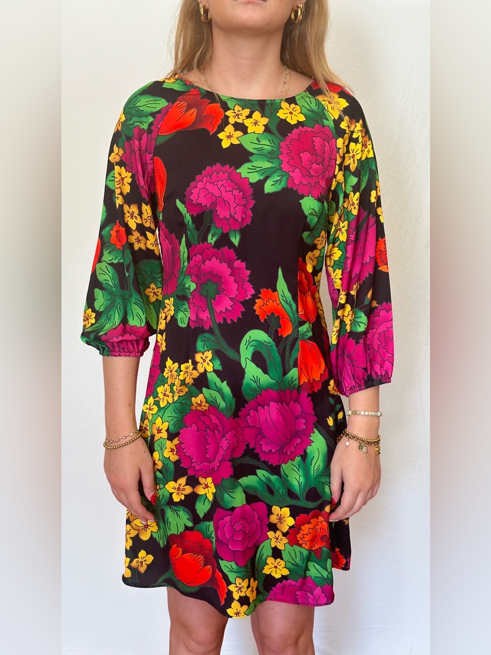 Black Floral Casual Shift Dress with Pink & Green Print
